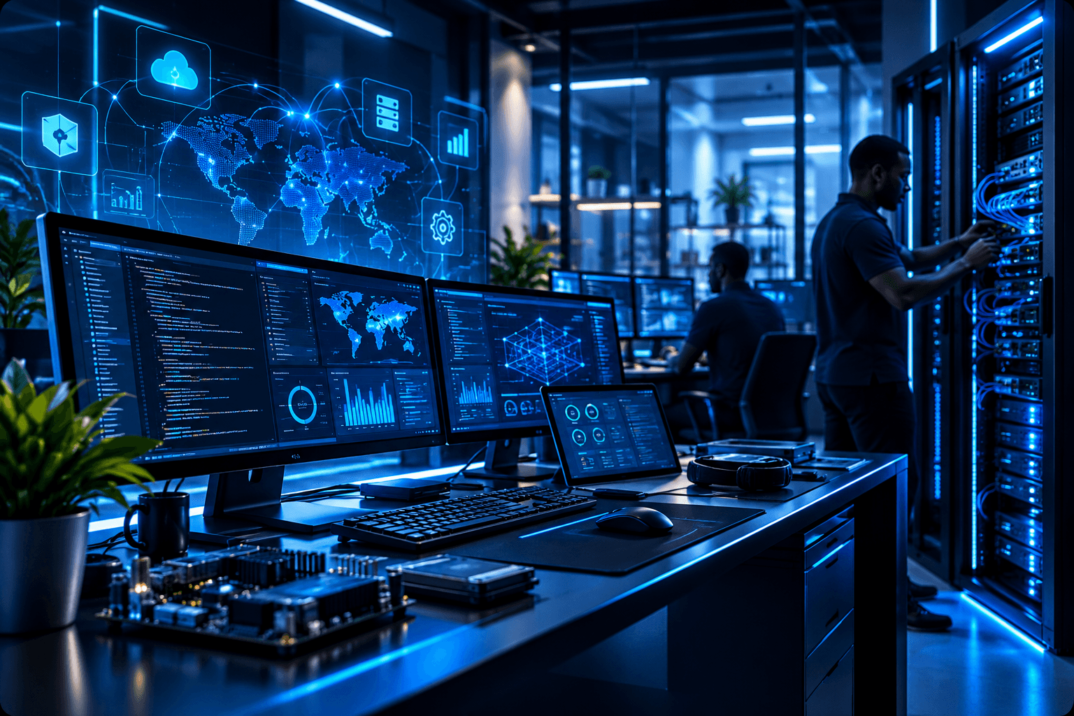Technology team working with software and IT infrastructure